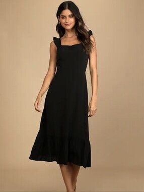 Lulu's Black Ruffle Strap Midi Dress Sz.M NWT